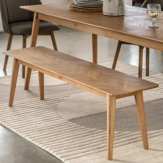 Chevron Patterned Top Oak Dining Bench