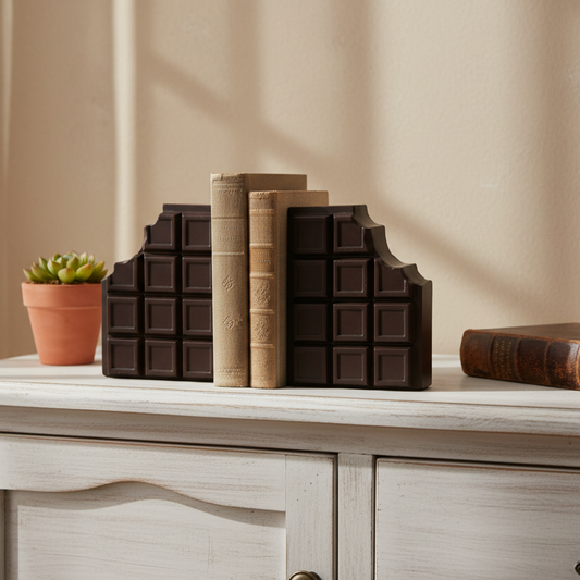 Decorative bookends shaped like chocolate bars on a shelf with books and a plant.