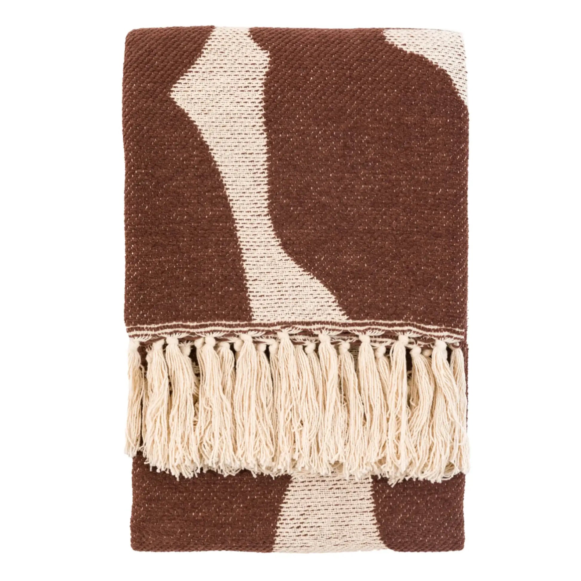 Brown and beige patterned blanket with tassels on a white background