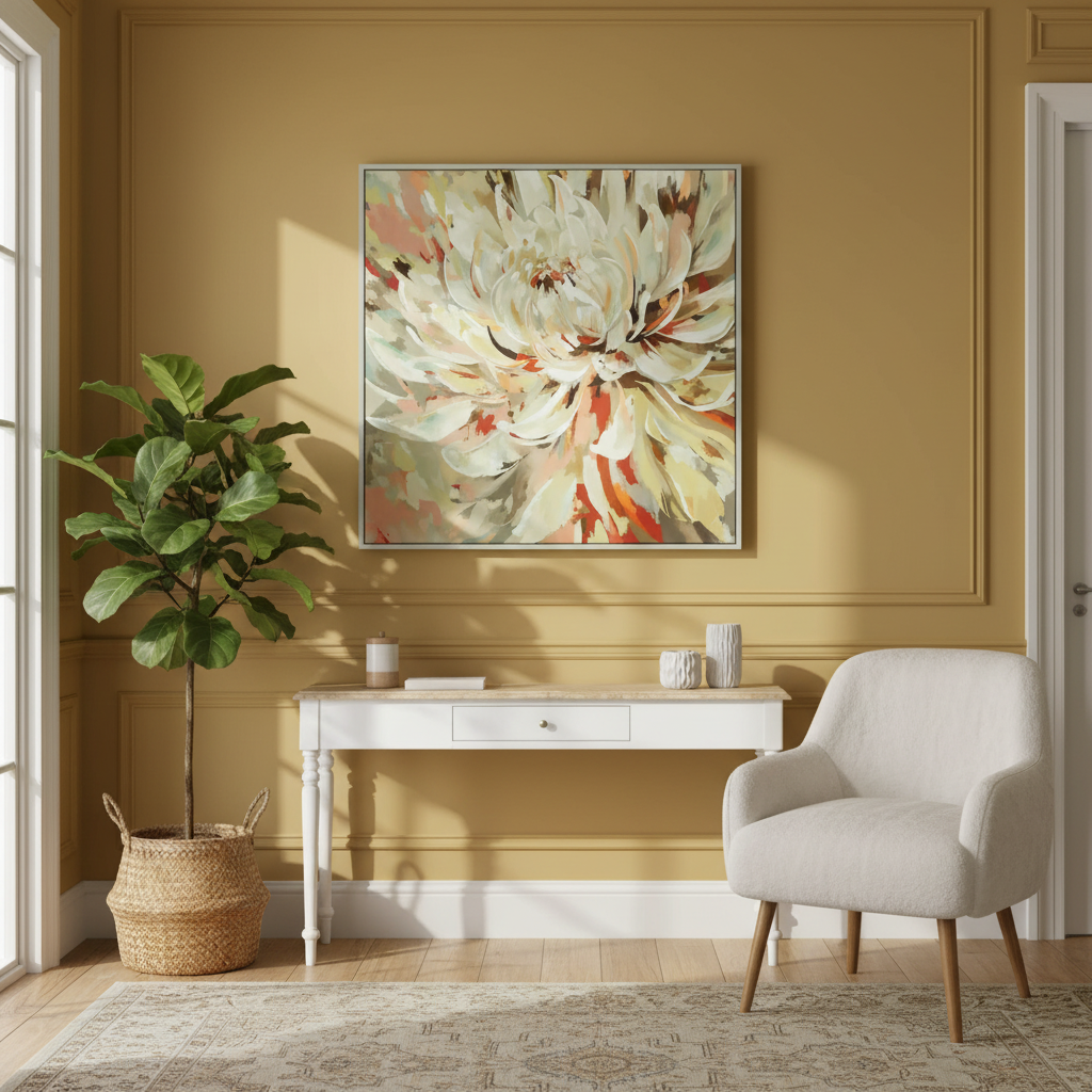 Living room with a floral painting on the wall, a white console table, and a chair.