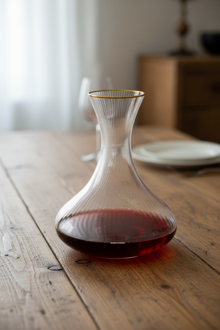 Clear glass decanter with red liquid on a wooden table