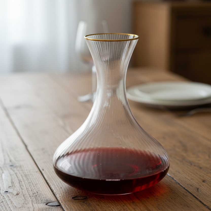 Clear glass wine decanter with red wine on a wooden table