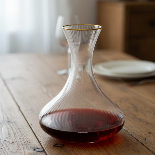 Clear glass wine decanter with red wine on a wooden table