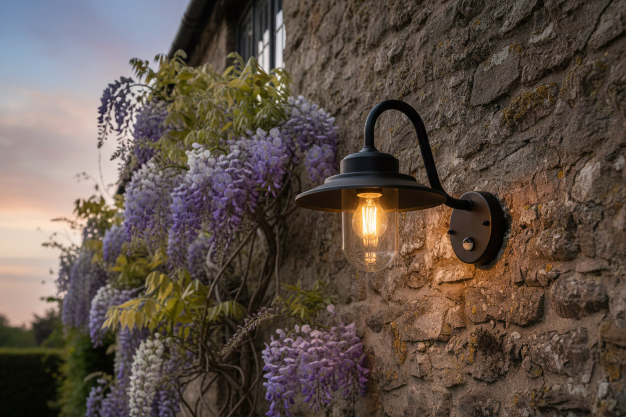 Outdoor wall light fixture on a stone wall with wisteria plants.