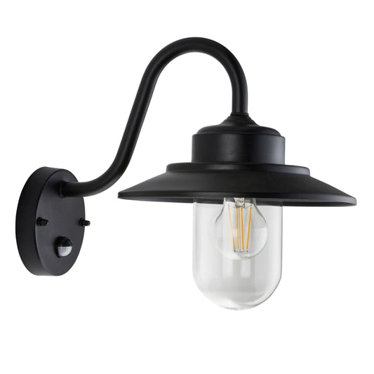 Black wall-mounted outdoor light fixture with clear glass shade on a white background