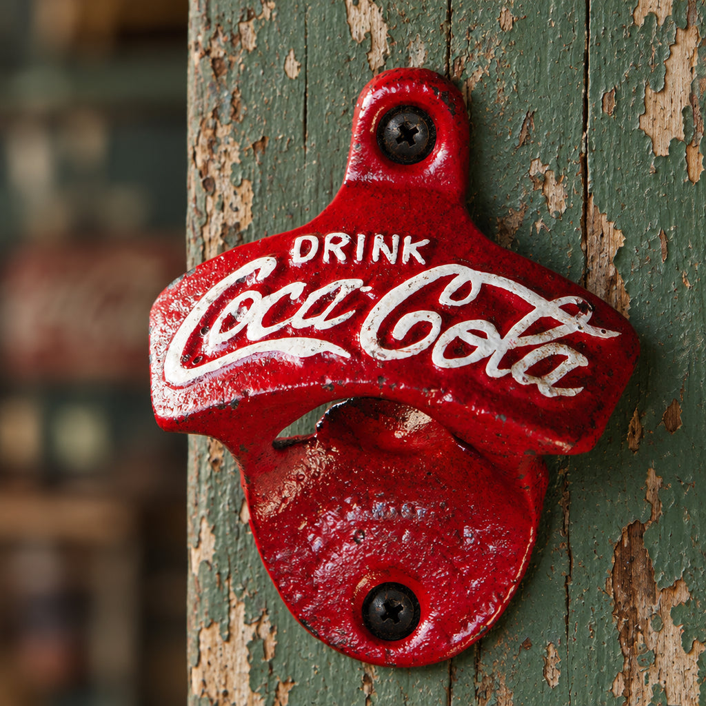 A red cast-iron Coca-Cola bottle opener mounted on a rustic wooden post, featuring the white Coca-Cola script logo and the words 'DRINK Coca-Cola'.