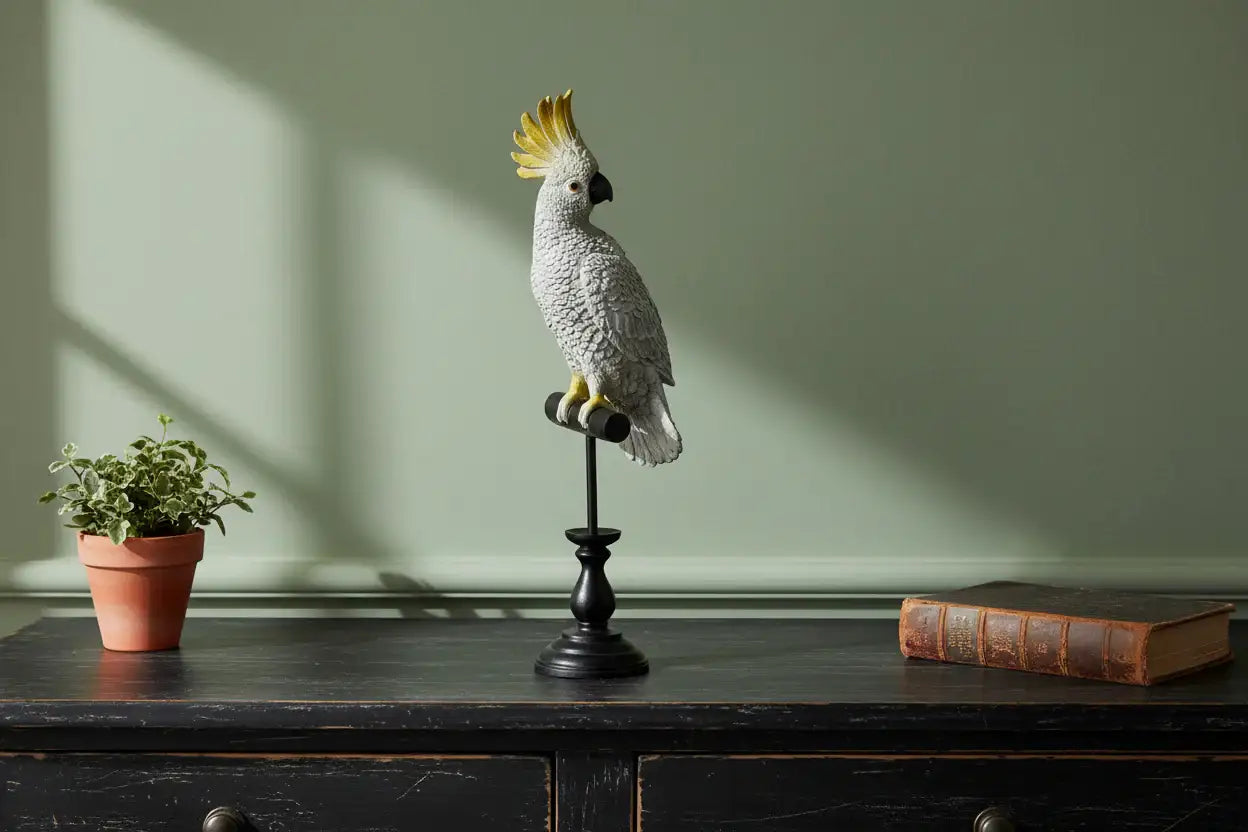 Decorative cockatoo figure on a stand with a plant and book in the background