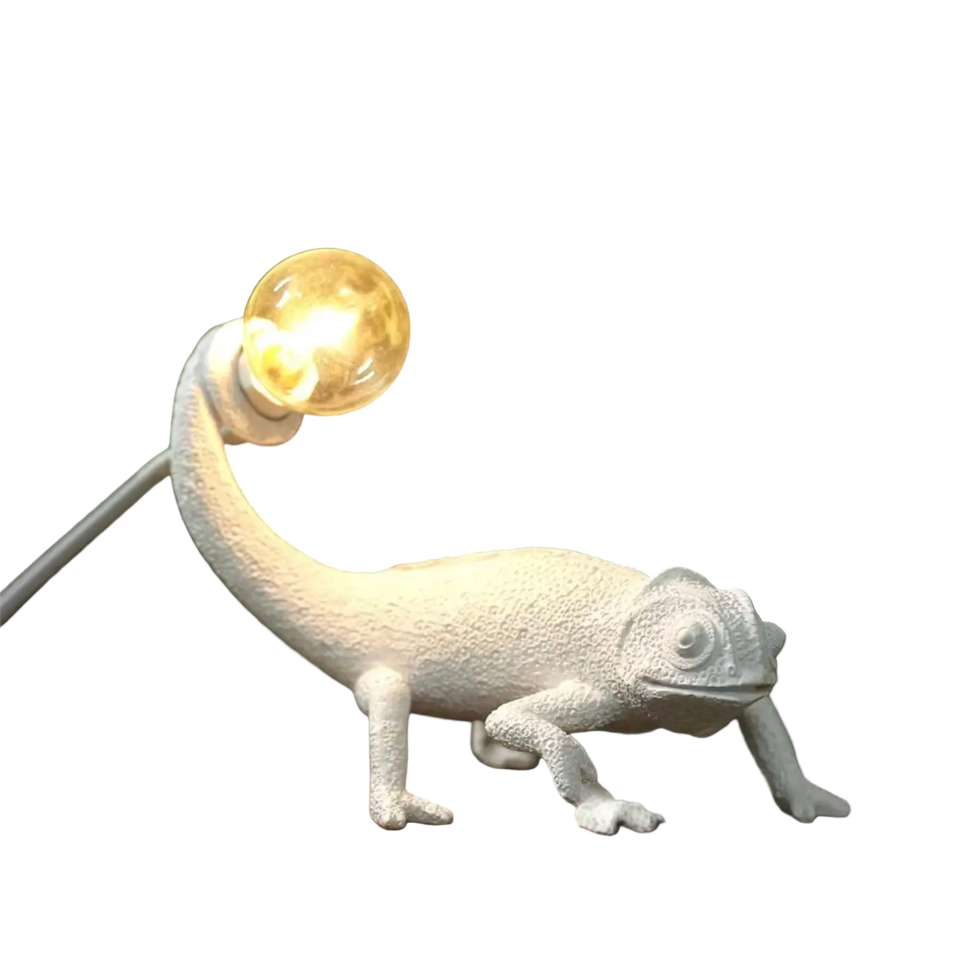 White chameleon-shaped lamp with a lit bulb on a dark background