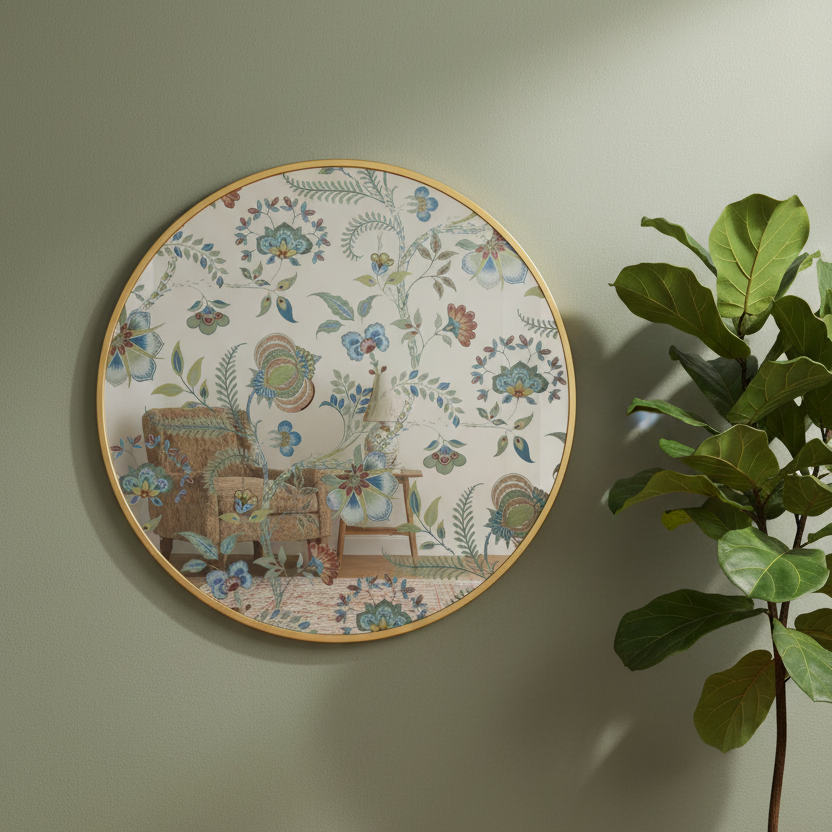 Round decorative wall plate with a botanical and floral pattern, featuring a vintage-style illustration of an armchair and a small table. The plate has a gold-toned rim and is mounted on a light sage green wall next to a green plant.