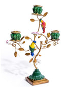 Decorative candelabra with colorful bird figurines on a white background