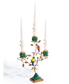 Decorative candle holder with colorful birds and flowers on a white background