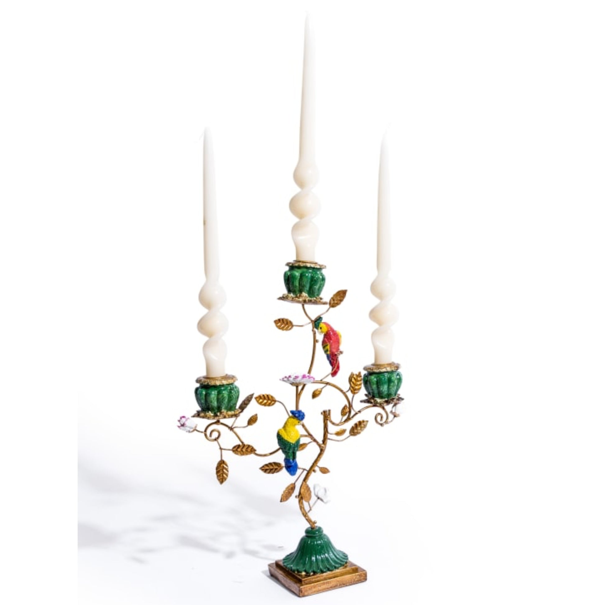 Decorative candle holder with colorful birds and flowers on a white background