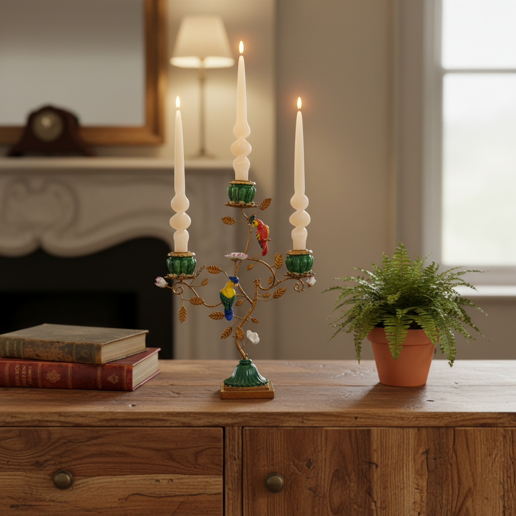 Decorative candle holder with candles on a wooden table in a room setting.