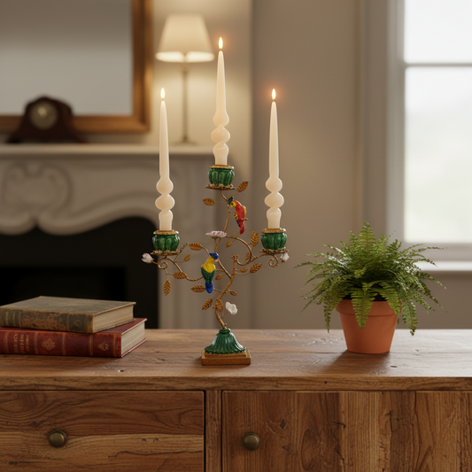 Decorative candle holder with candles on a wooden table in a room setting.