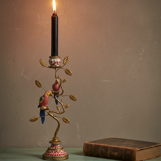 Colourful Parrots On Branch Candle Holder