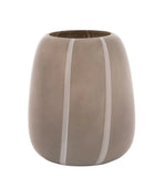 Brown ceramic vase with white stripes on a white background
