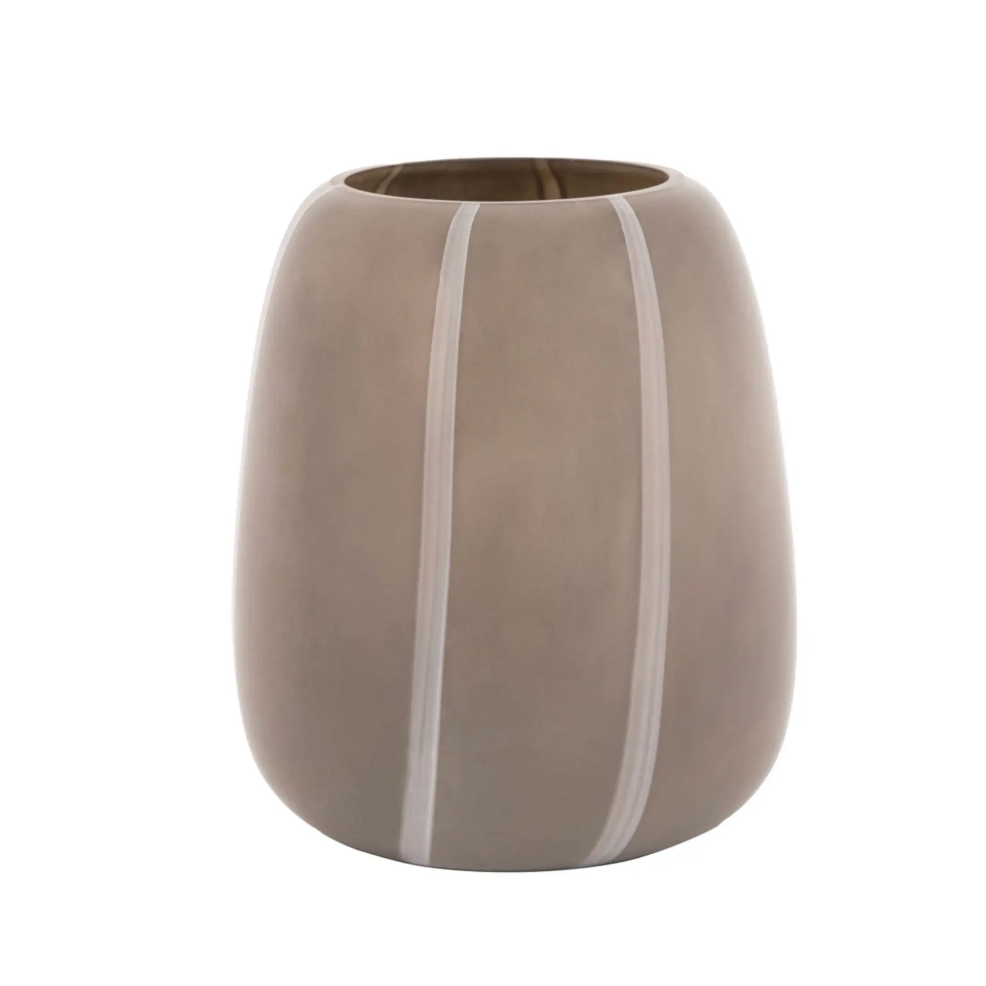 Brown ceramic vase with white stripes on a white background