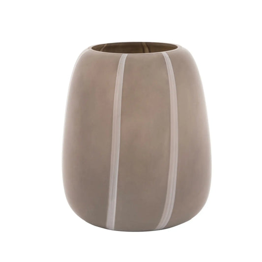 Brown ceramic vase with white stripes on a white background