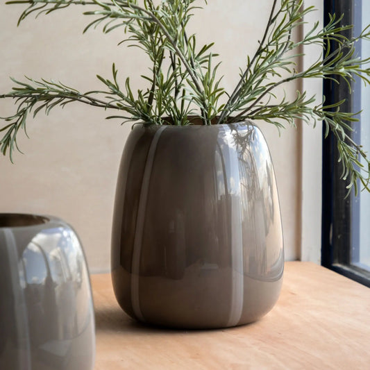 Brown ceramic pot with green plant on a wooden surface