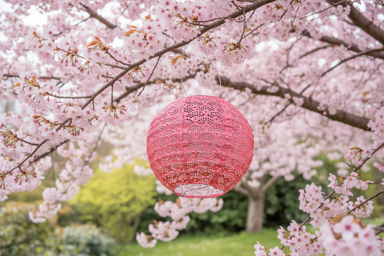 Pink paper lantern hanging from cherry blossom tree