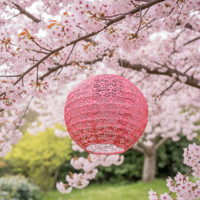 Pink paper lantern hanging among cherry blossom trees