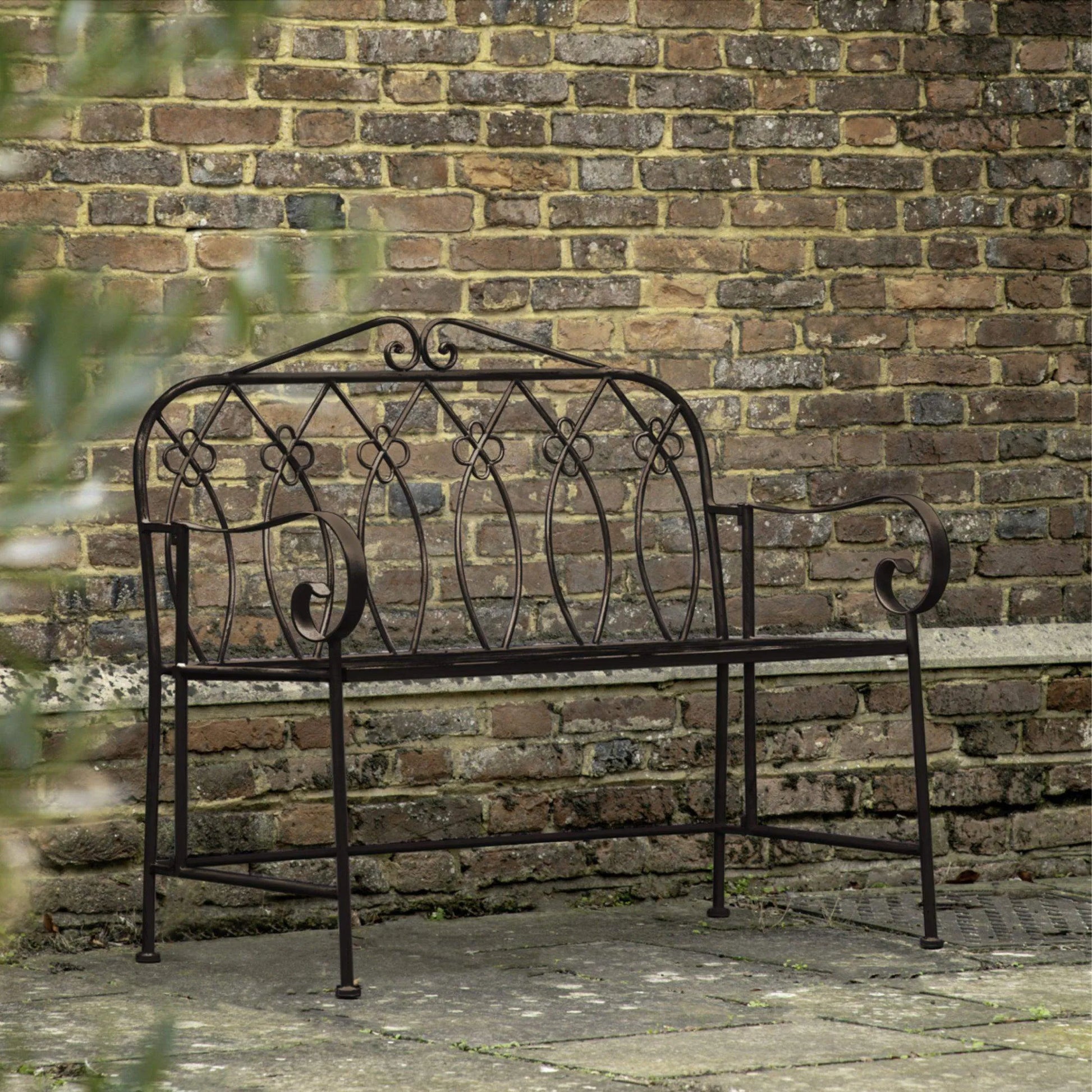 Country Style Distressed Dark Painted Metal Garden Bench - The Farthing