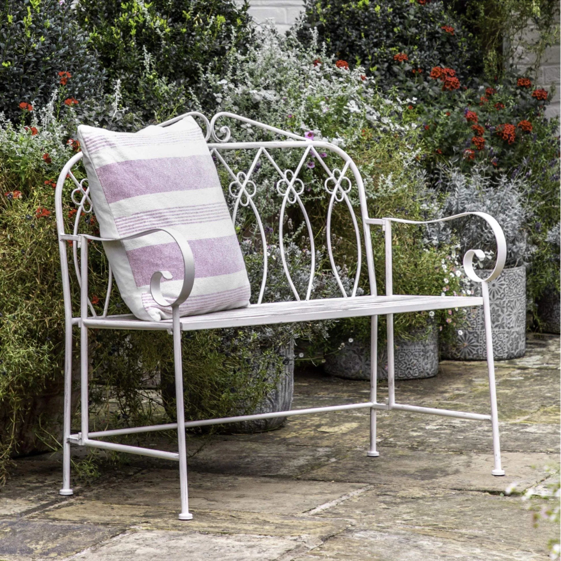 Country Style Distressed White Metal Garden Bench - The Farthing