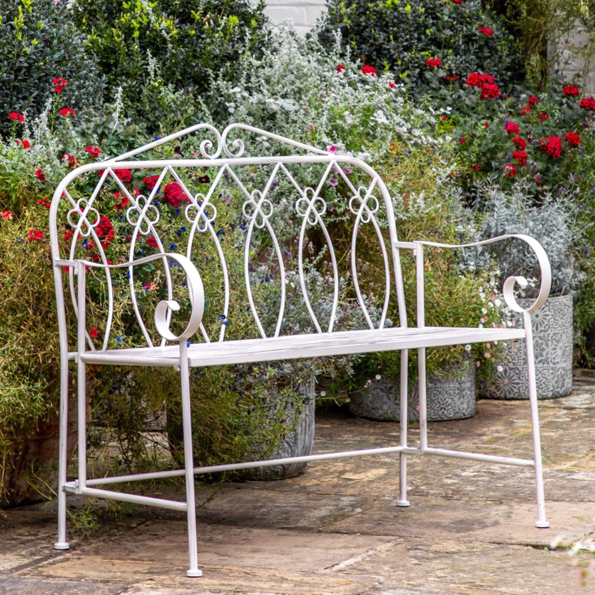 Country Style Distressed White Metal Garden Bench - The Farthing