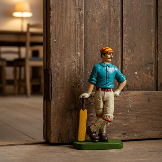 Figurine of a cricket player holding a bat against a wooden background