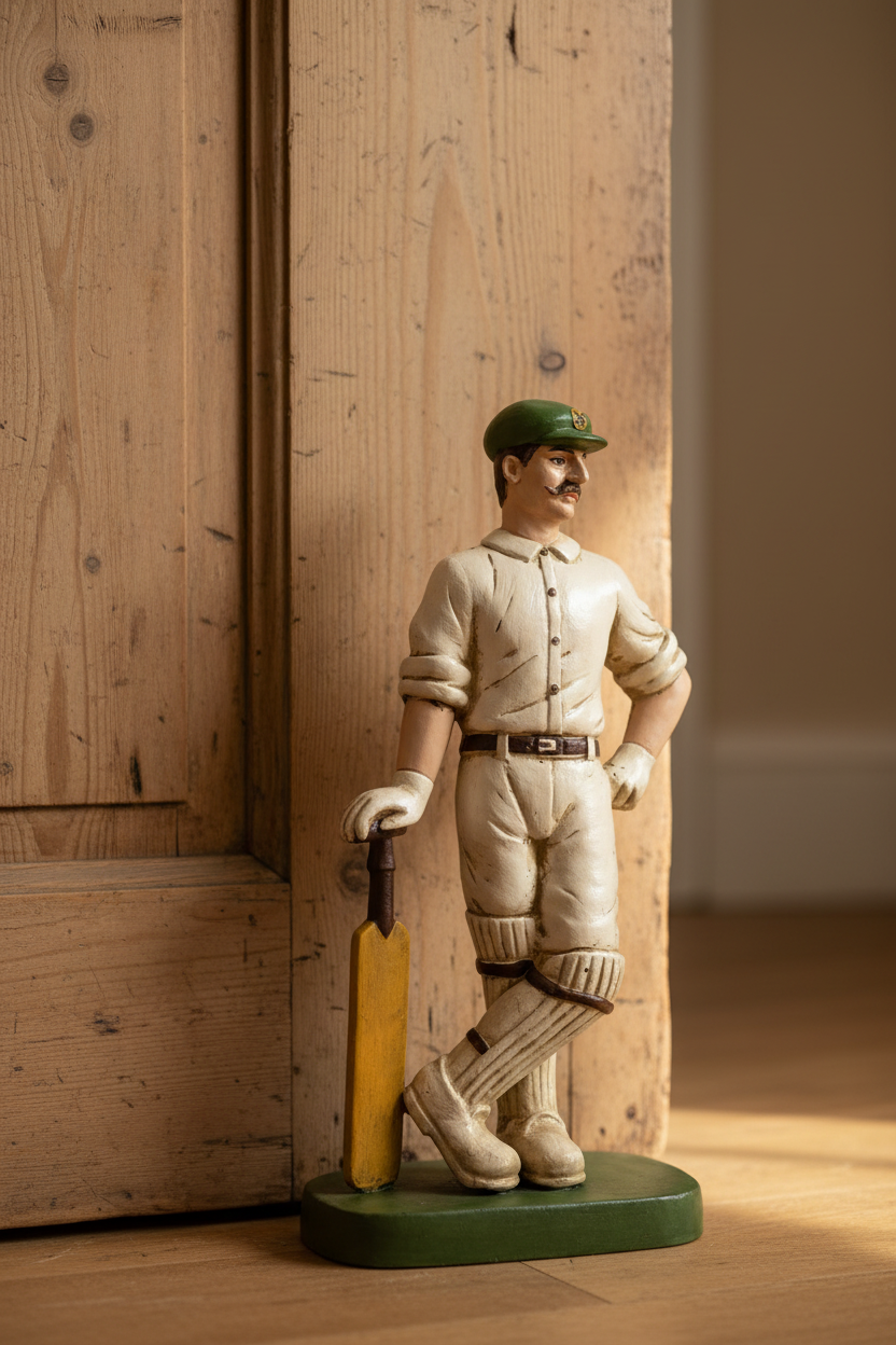 Statue of a cricket player holding a bat against a wooden wall.