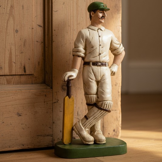 Statue of a cricketer holding a bat against a wooden background