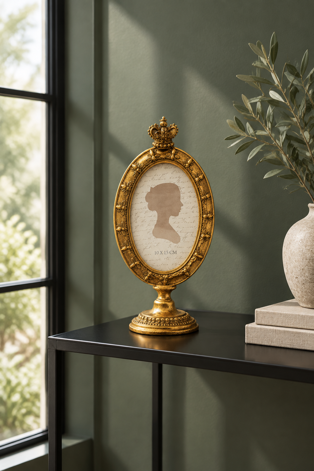 An ornate gold oval picture frame with a crown topper and a silhouette portrait insert, displayed on a black console table in a styled interior setting.