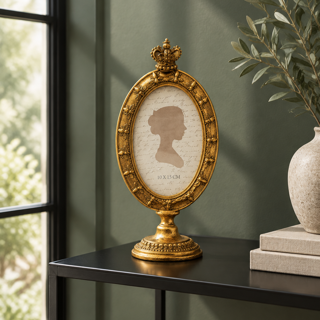 Crown Topped Antique Gold Oval Photo Frame 4X6"