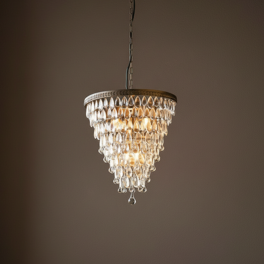 Chandelier hanging against a dark brown background