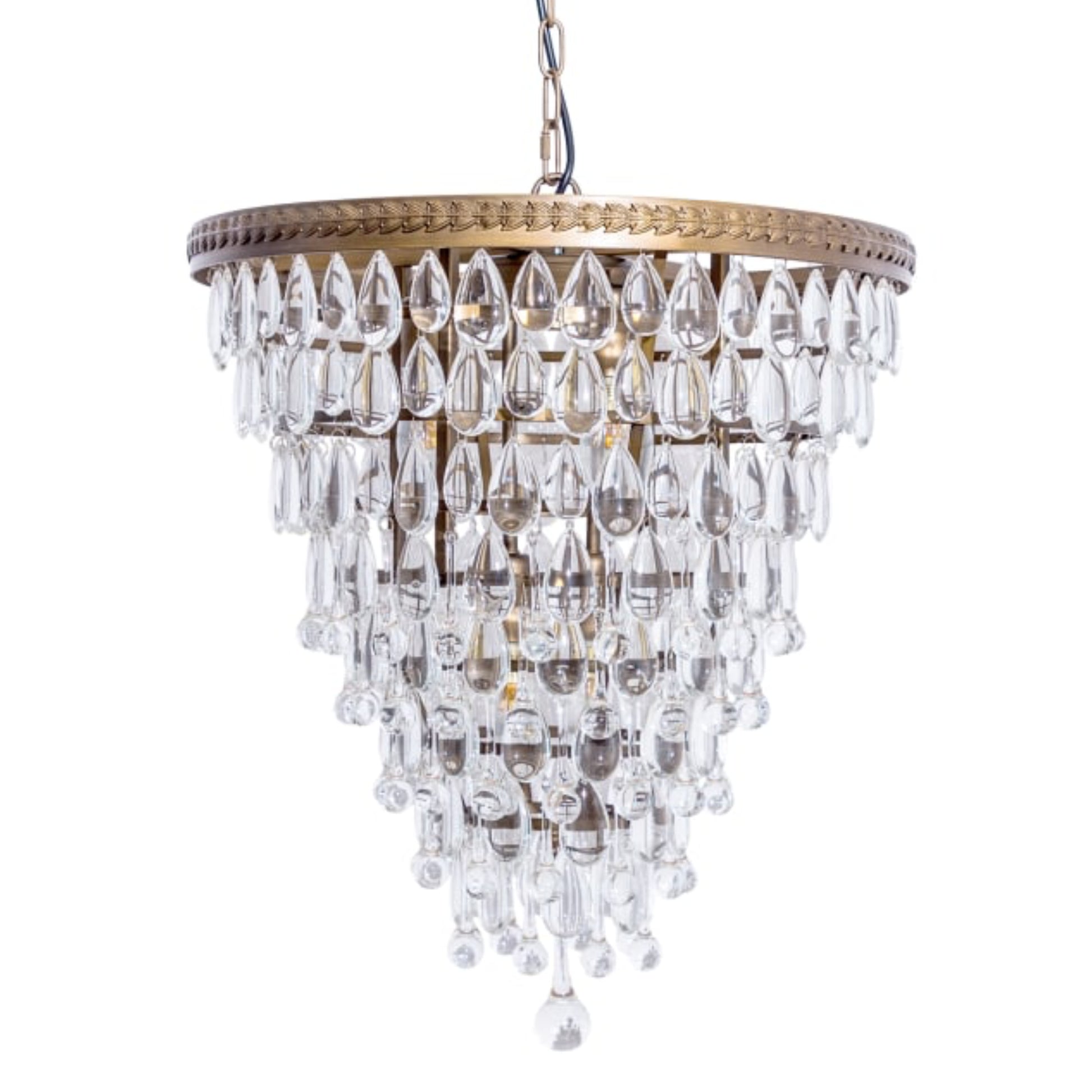Crystal chandelier with gold accents on a white background