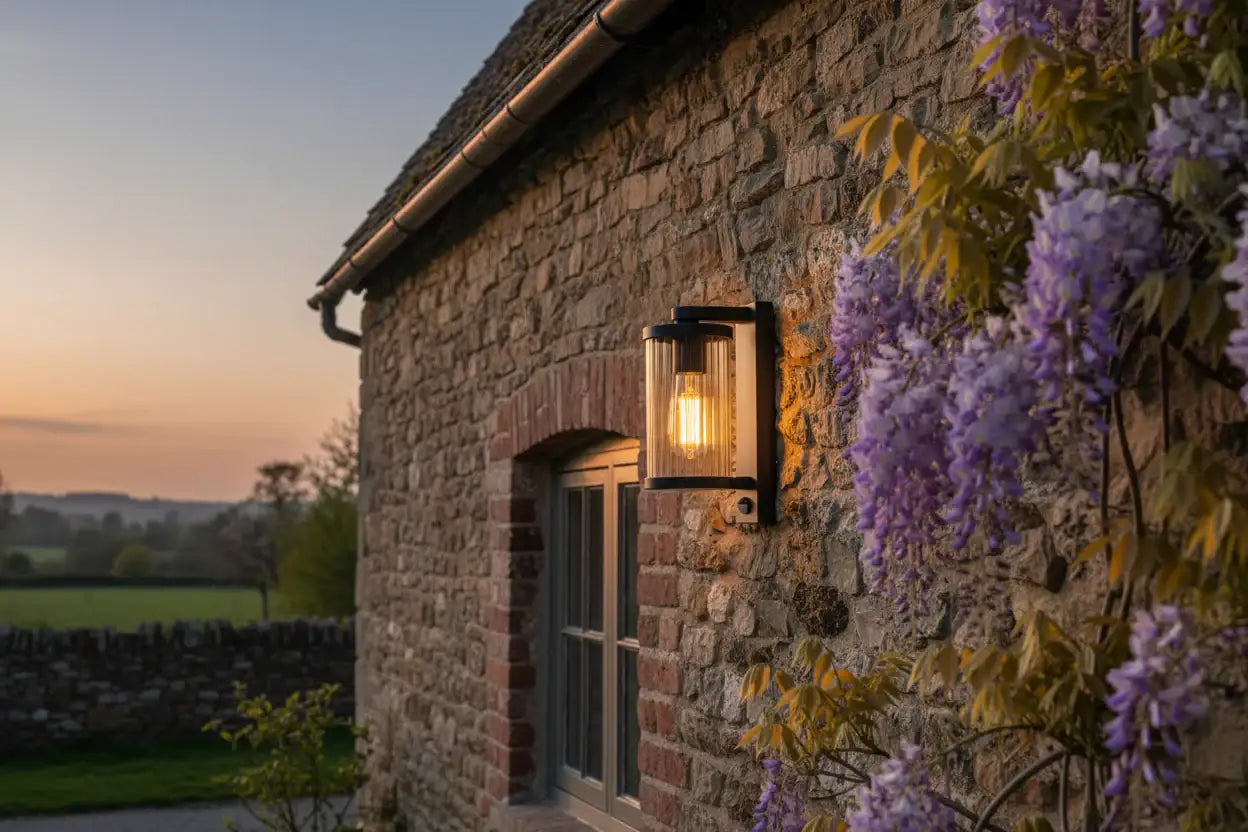 Stone building with a light fixture and wisteria flowers at dusk.