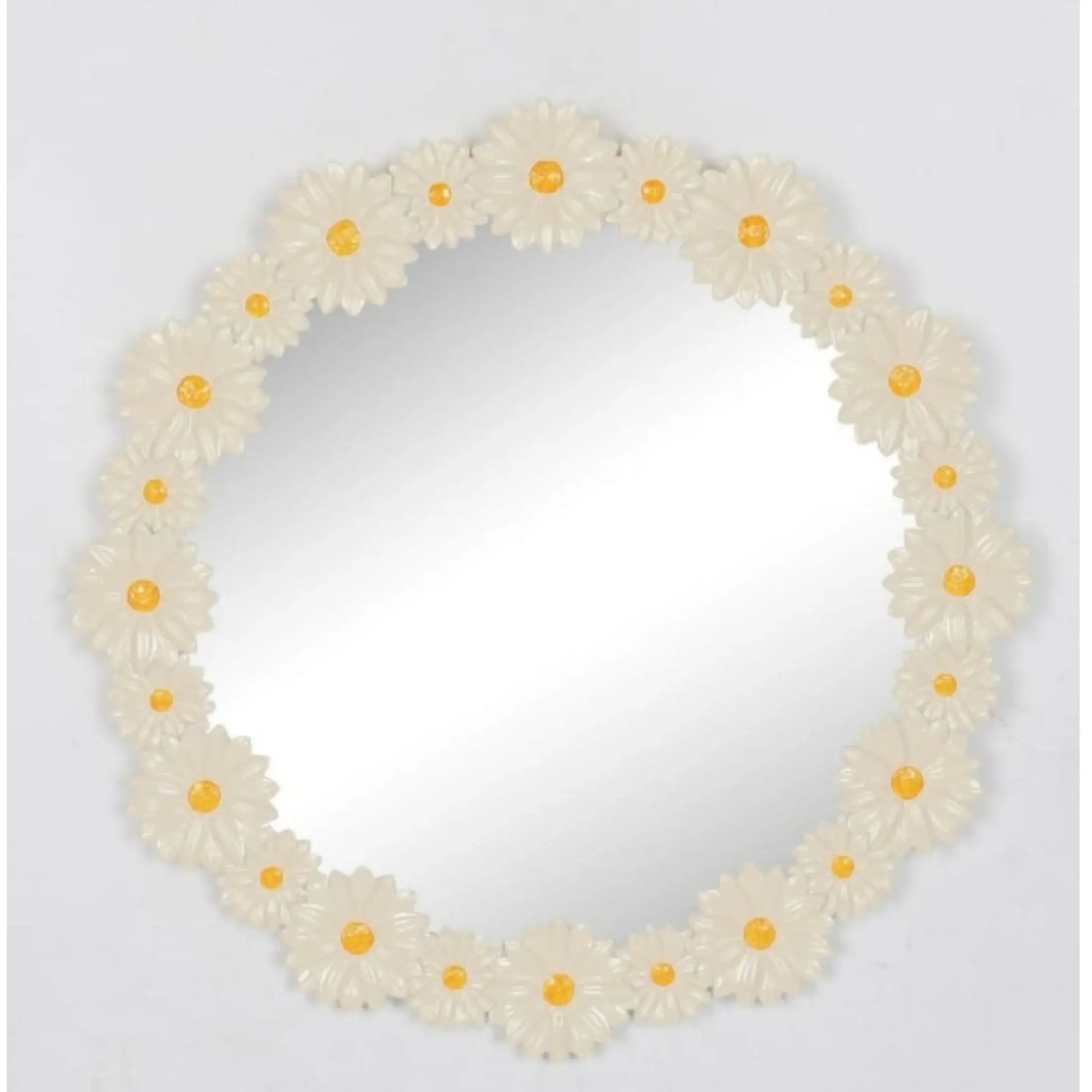 Round mirror with a floral frame of white flowers and yellow centers on a light gray background