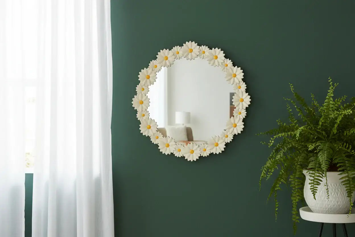 Decorative mirror with floral design on a green wall next to a plant