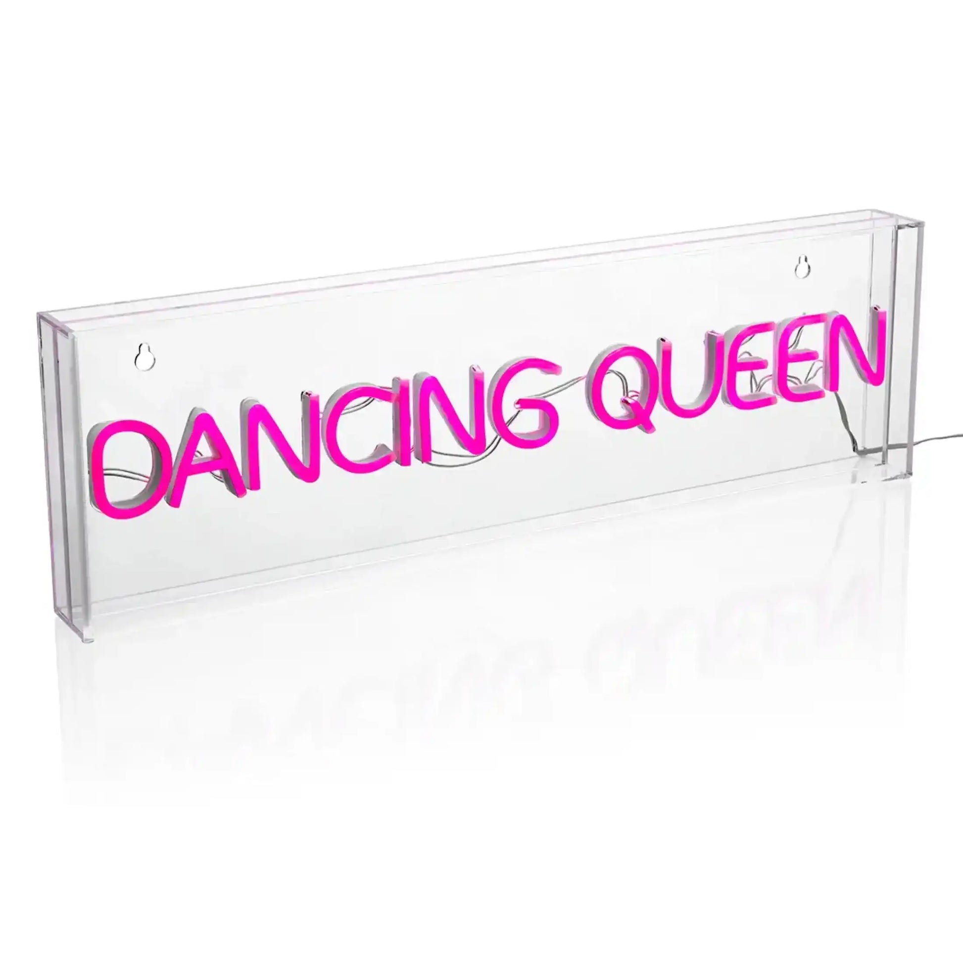 Neon sign with 'Dancing Queen' text on a clear acrylic base