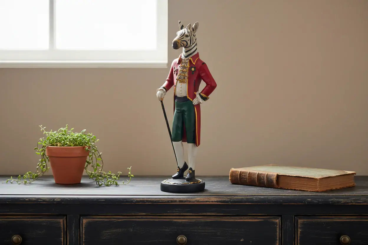 Statue of a zebra in a human-like outfit on a wooden surface with a plant and book in the background.