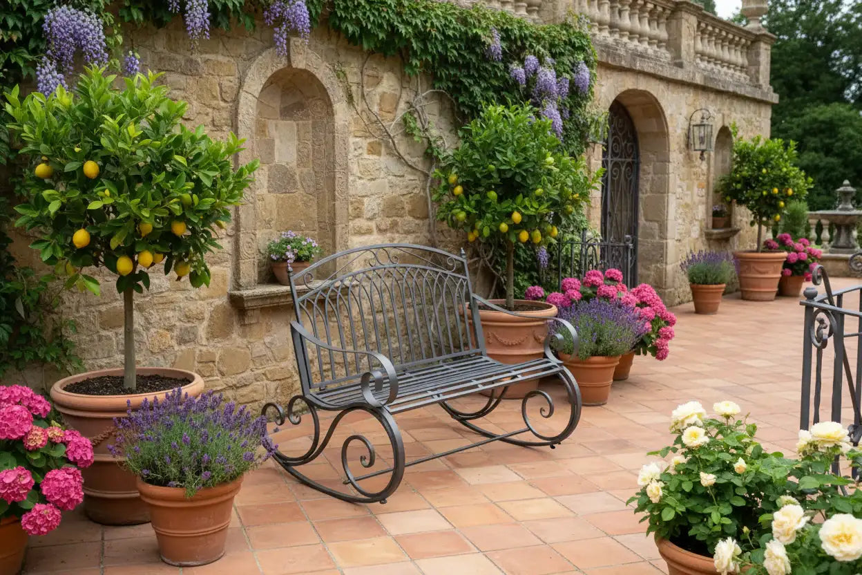 DarkGreyMetalRockingGardenBench