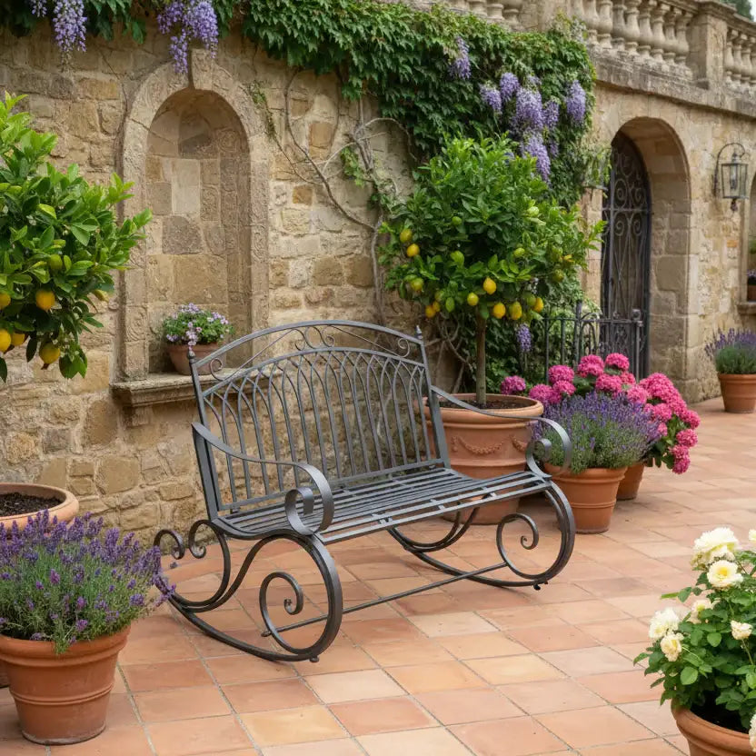 Decorative garden bench with potted plants in a stone-walled courtyard.