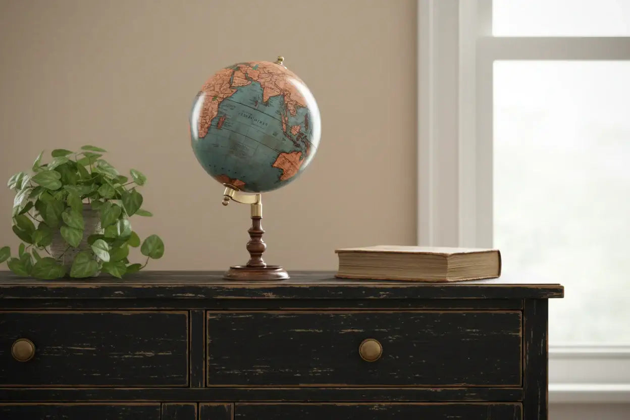 Vintage-style globe on a wooden dresser with a plant and book