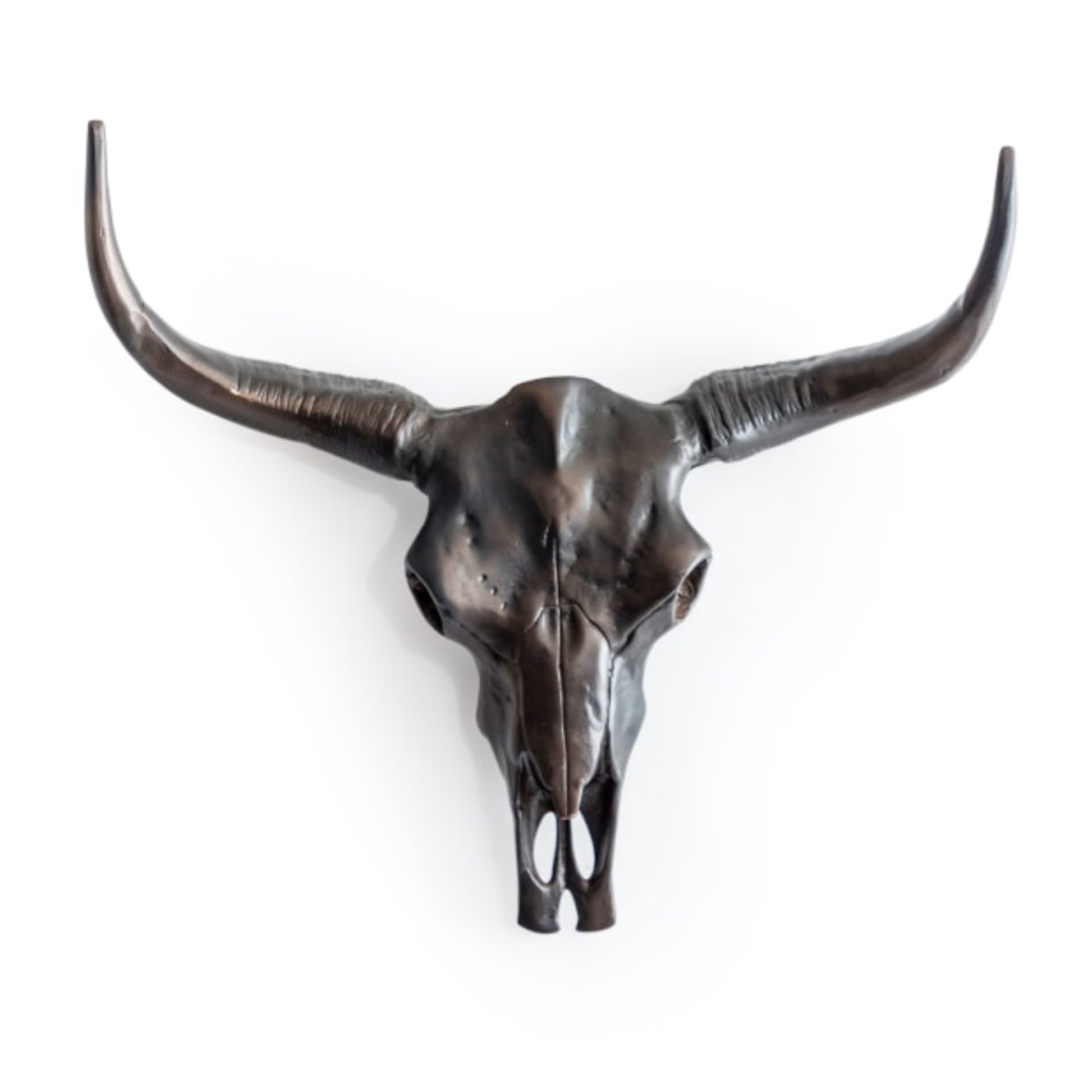 Metallic bull skull with long horns on a white background