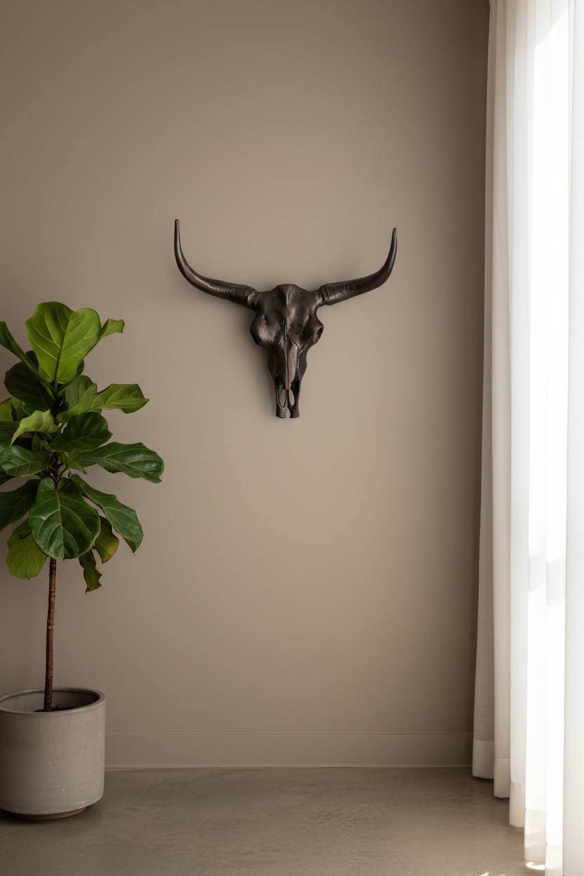 Bull skull wall decoration next to a potted plant on a neutral wall.