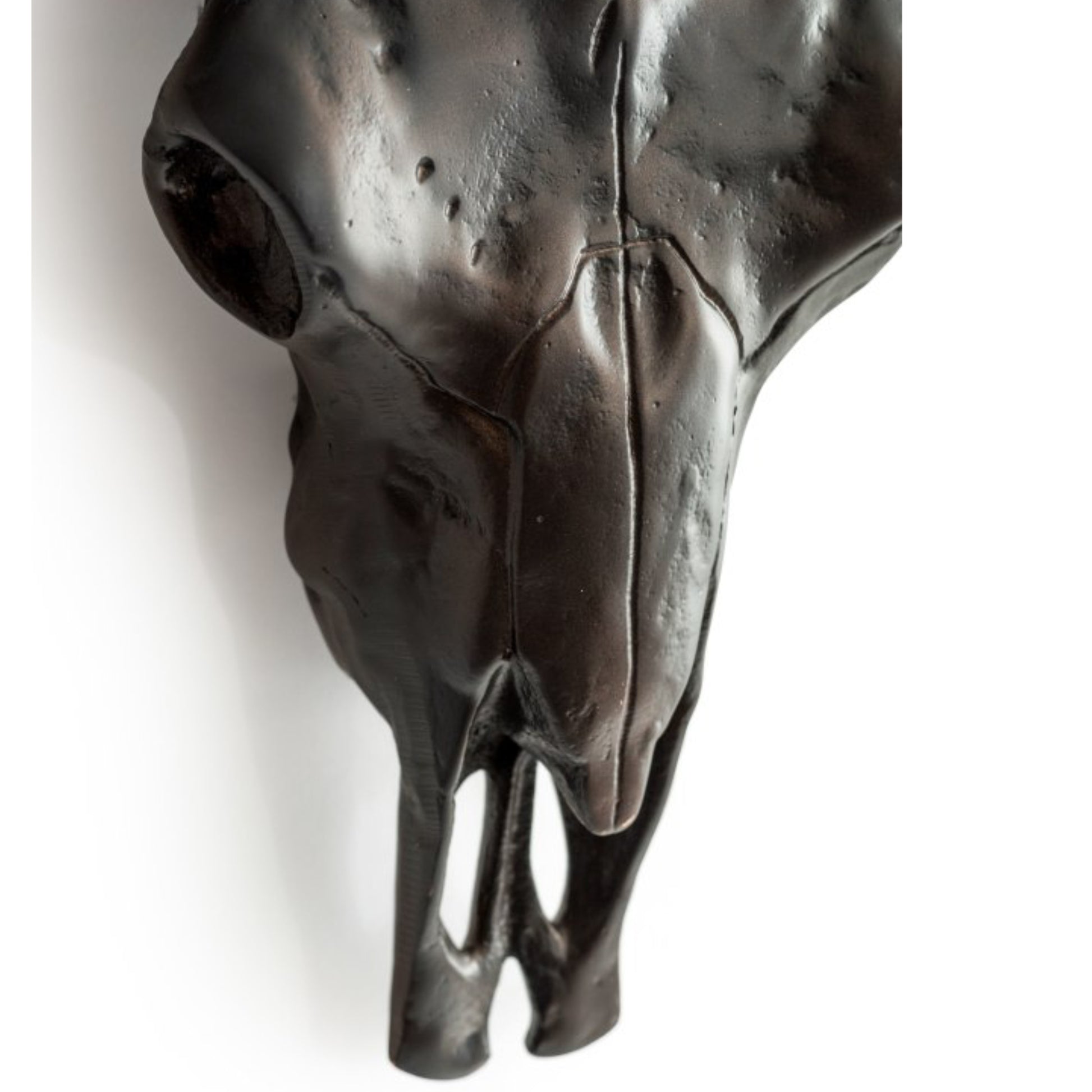 Bronze sculpture of a horse's head on a white background