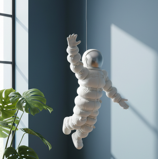 White astronaut sculpture against a blue wall with a plant on the left.