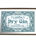 Decorative sign for London Dry Gin with intricate border design on a white background
