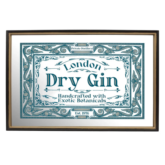 Decorative sign for London Dry Gin with intricate border design on a white background