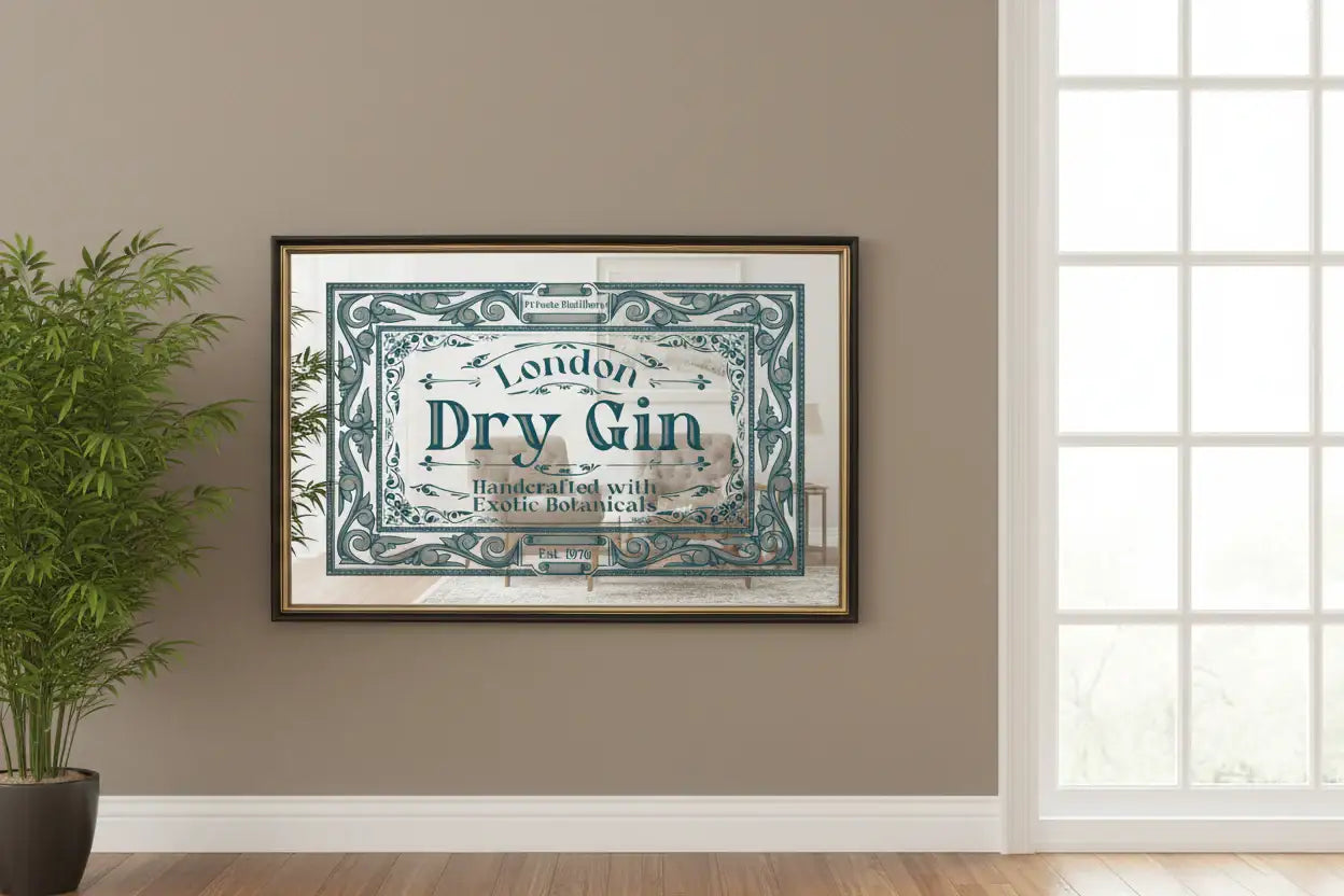 Framed vintage-style 'London Dry Gin' sign on a wall with a plant and window in the background.